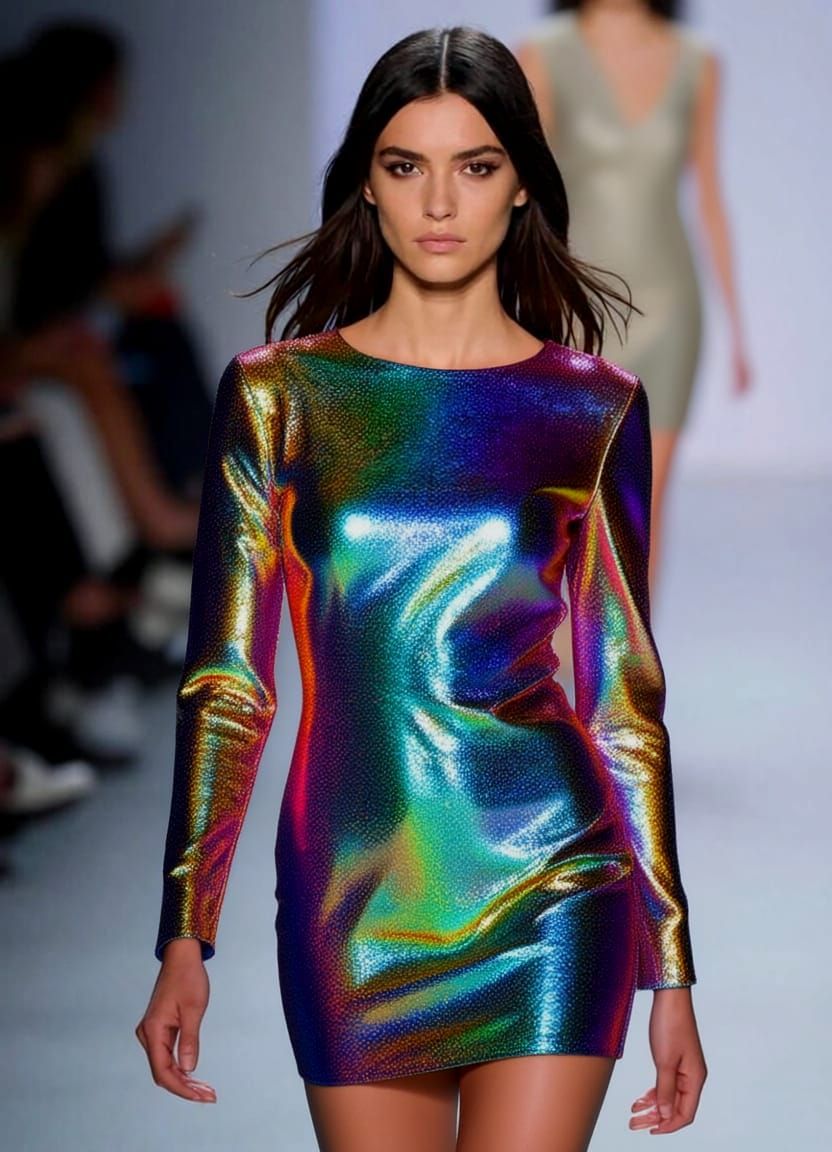 Glamorous Runway Model in Luminous Incandescent Dress