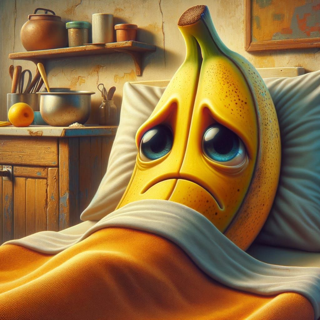 Sad Banana in Bed: CGI Oil Painting