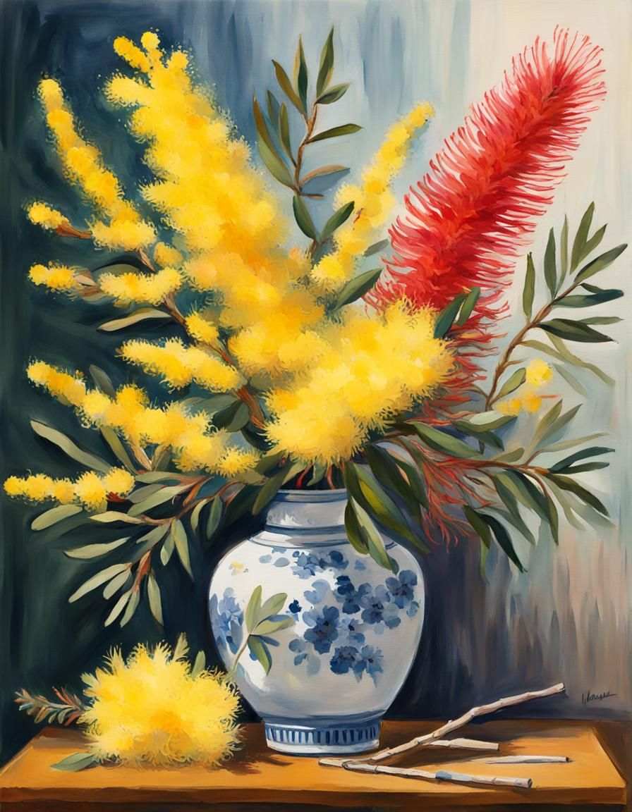 Floral Ikebana Arrangement in Gouache Watercolor Style