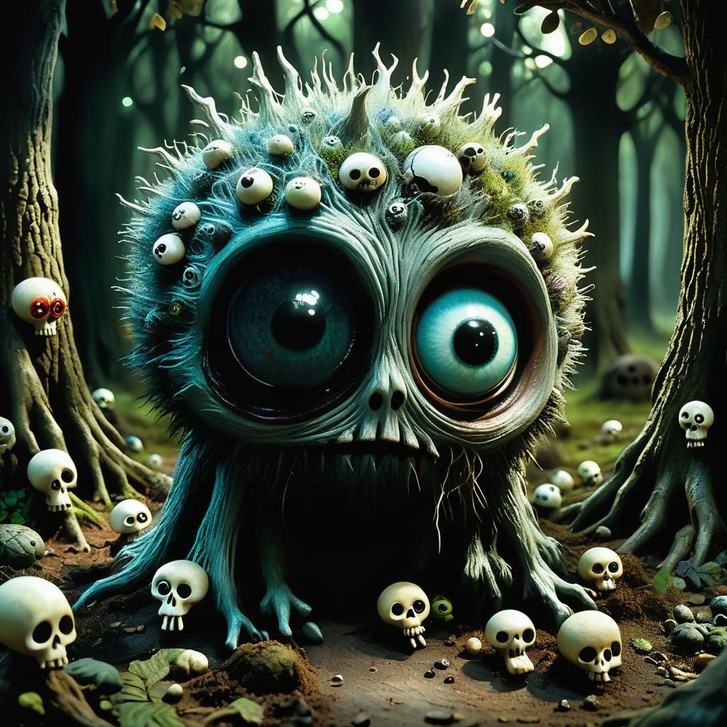 Surreal Fuzzy Monster in Skull Forest