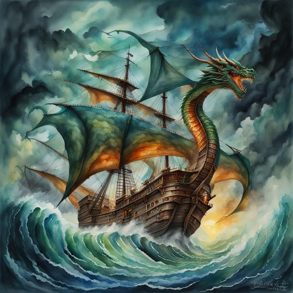 Dragon Pirate Galleon Fusion on Stormy Sea
