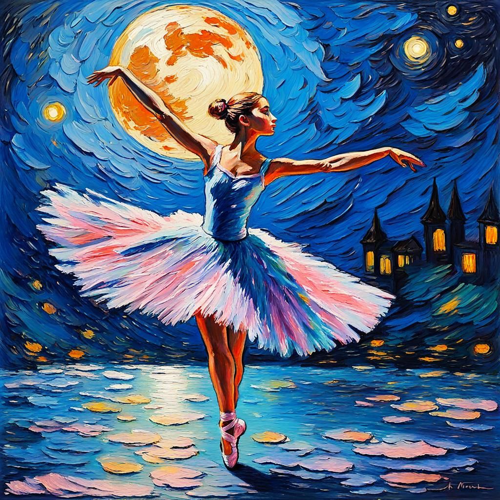 Ballerina in Moonlight: Impressionist Impasto Painting