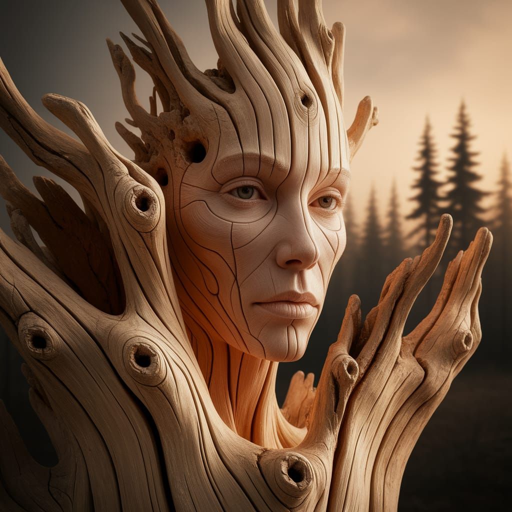 Ethereal Face Emerges From Weathered Woodgrain