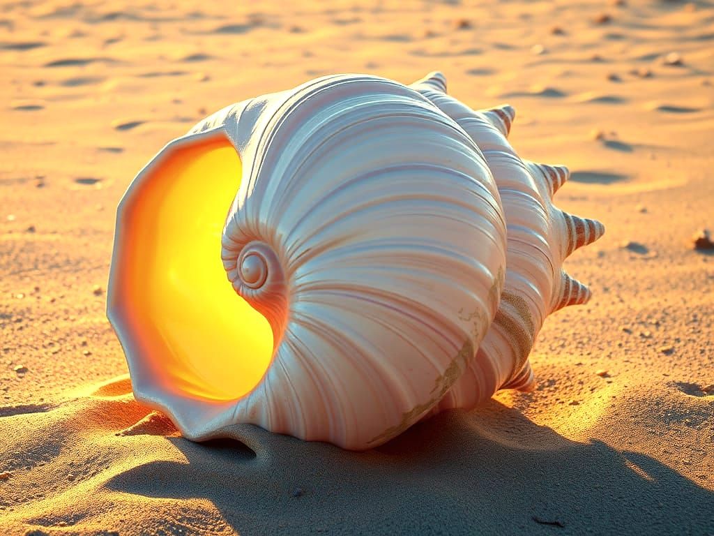 Vibrant Trump Conch Shell Shines on the Seashore in Oil on C...