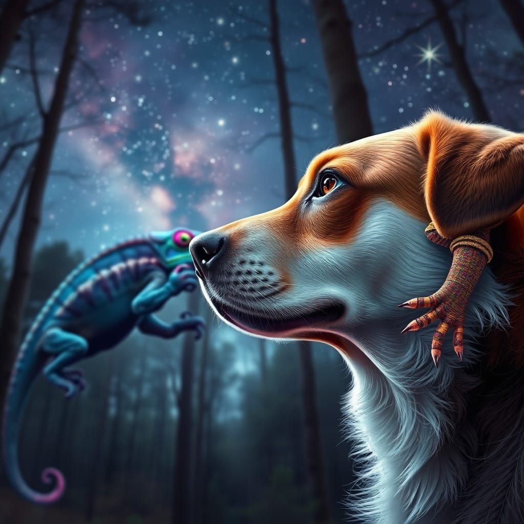 Astonished Dog Gazing at Vibrant Chameleon in Woods