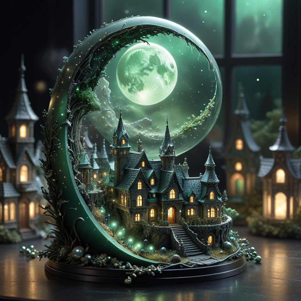 Metallic Moon City Fantasy Art in Ethereal Silver