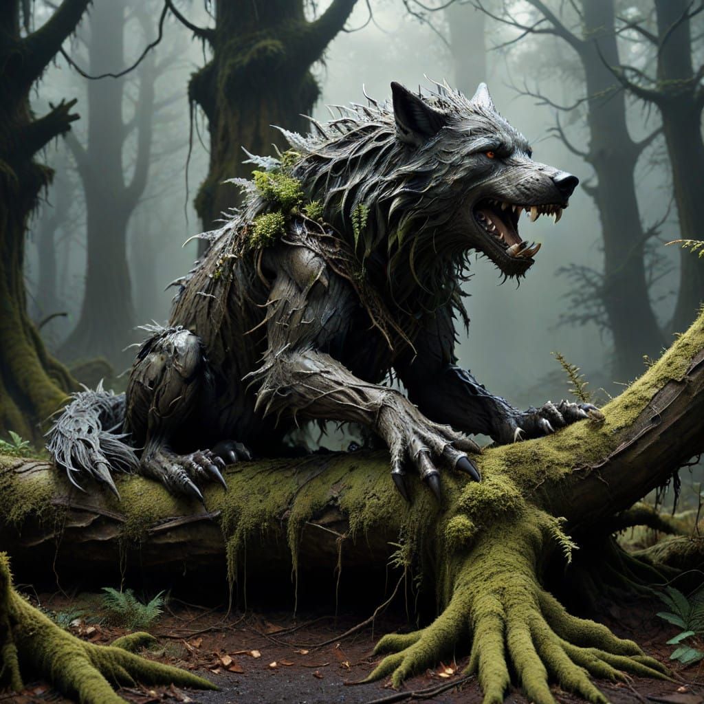Direwolf Amidst Twisted Roots in Dark Forest