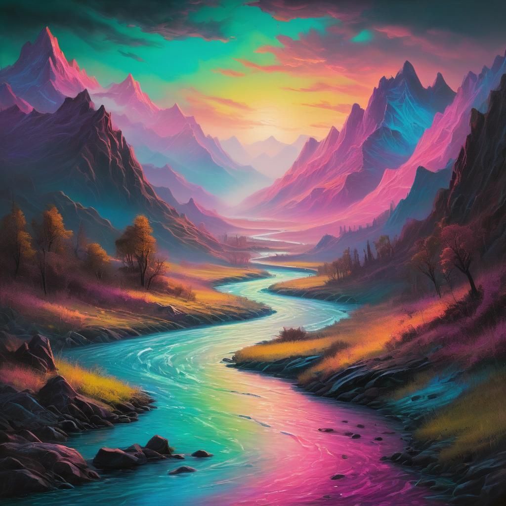 Luminescent River Through Mountains, in Bierstadt Style