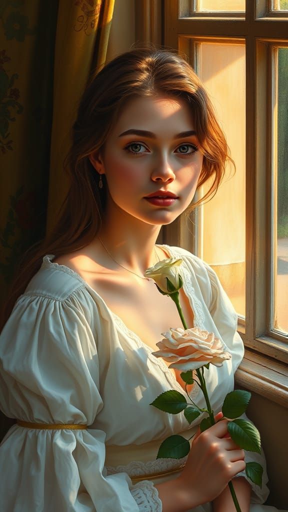 Woman with Rose: Renaissance-Inspired Oil Portrait