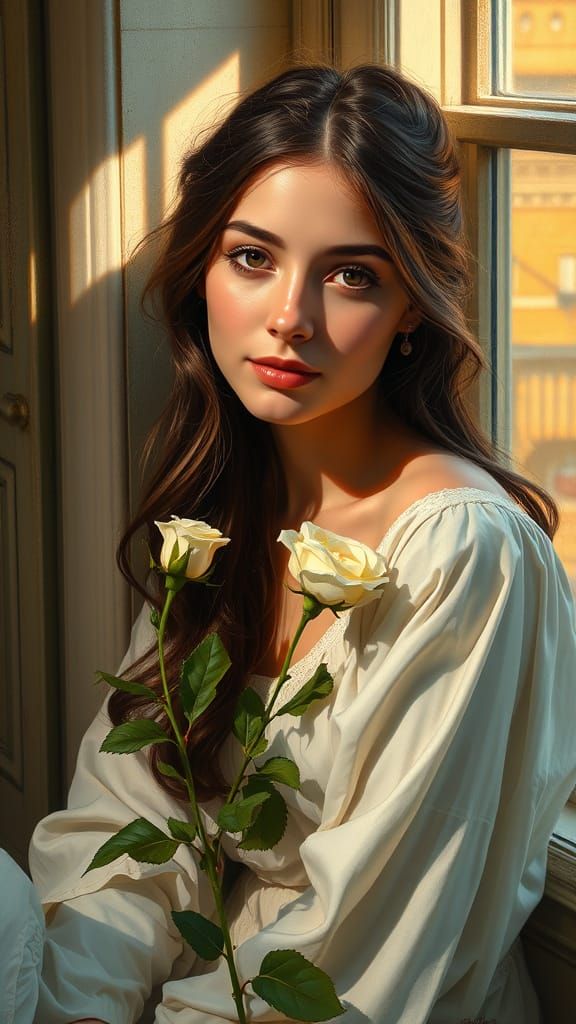 Renaissance-Inspired Portrait of Woman with Rose