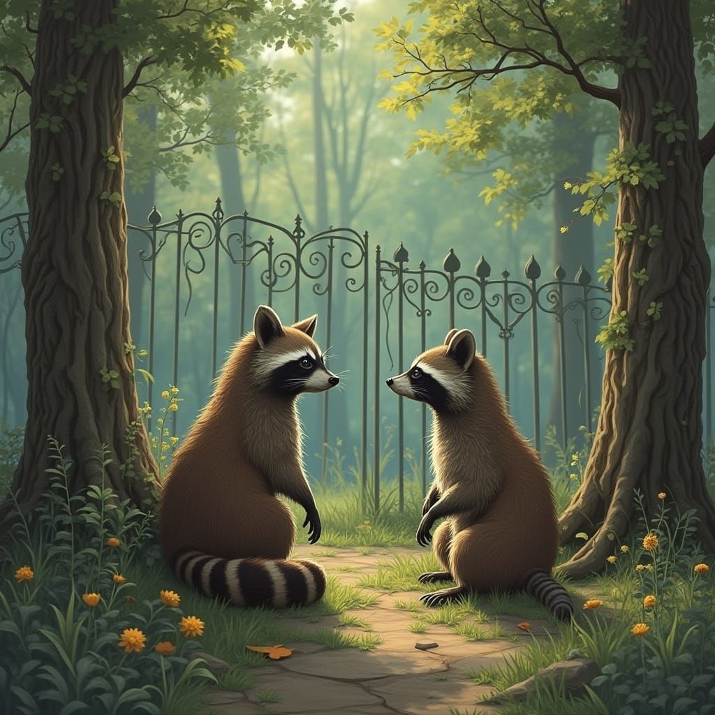 Raccoons Contemplate Landfill in Art Nouveau Rococo Style