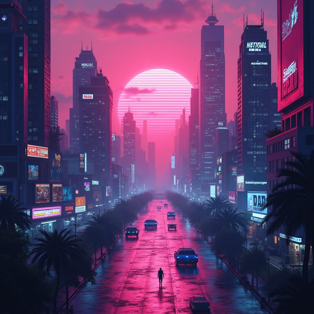 Vibrant Synthwave Neon Cityscape at Dusk