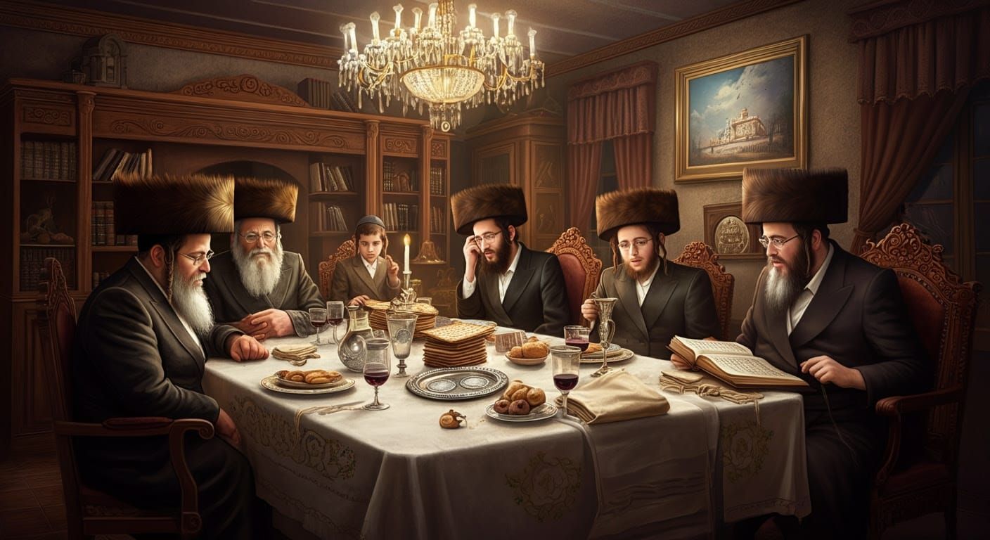 Digital Realistic Painting of Warm Hasidic Seder Night Scene