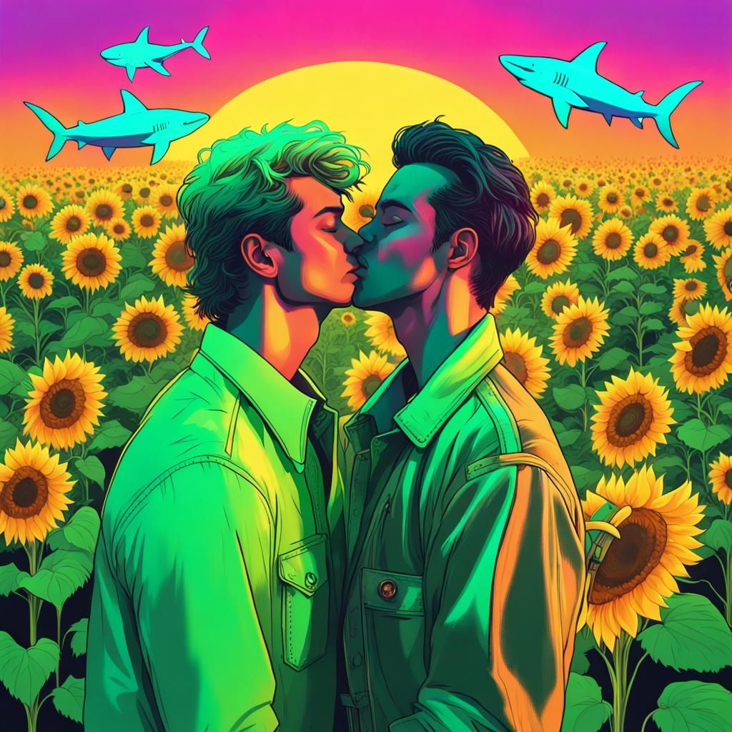 Sunflower Field Kiss in Synthwave Neon Retro Style