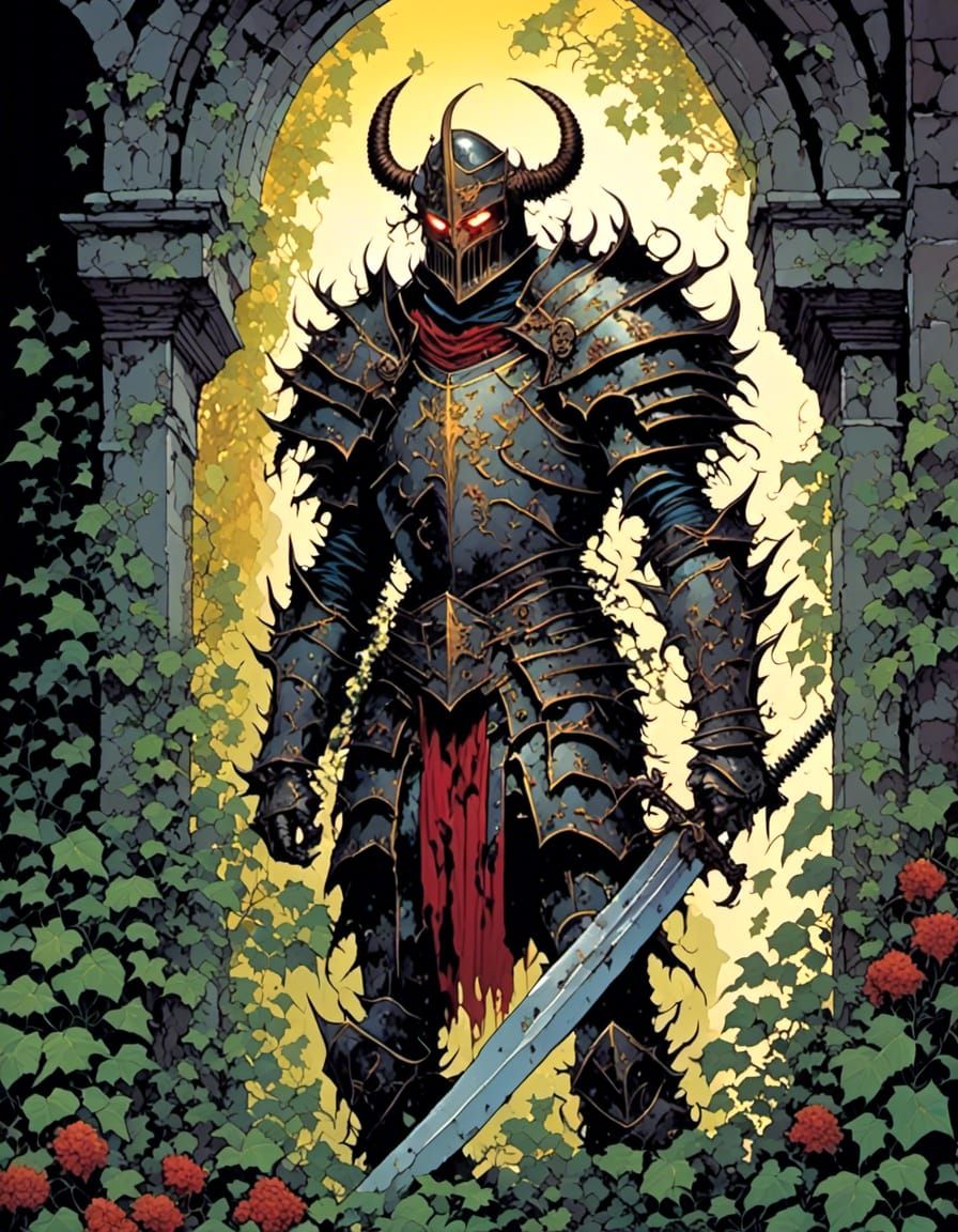 Demon Knight Entwined in Vines, Comic Book Art