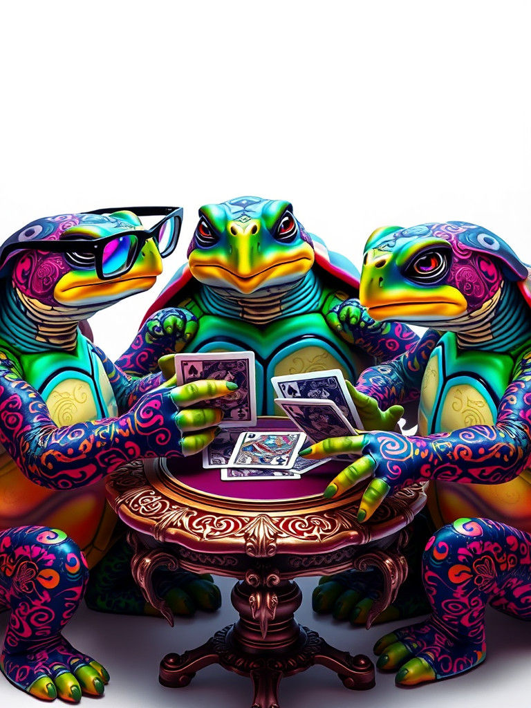 Turtles Play Cards in Neon-Lightning Style