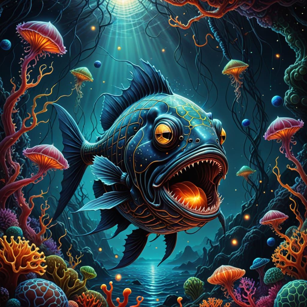 Bioluminescent Anglerfish in Alien Ocean: Cosmic Horror