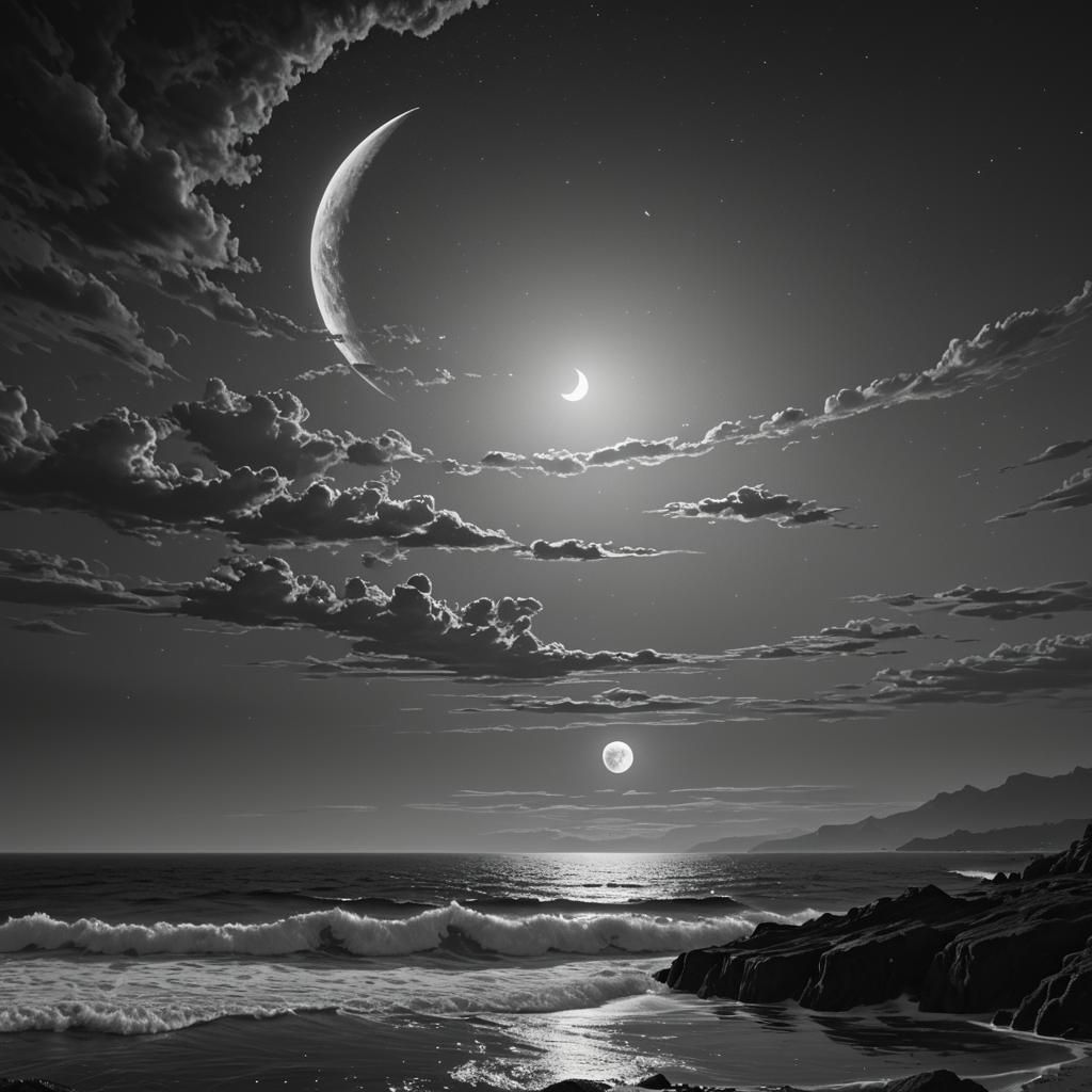 Monochrome Moon Over Ruby Sea, Fantasy Art