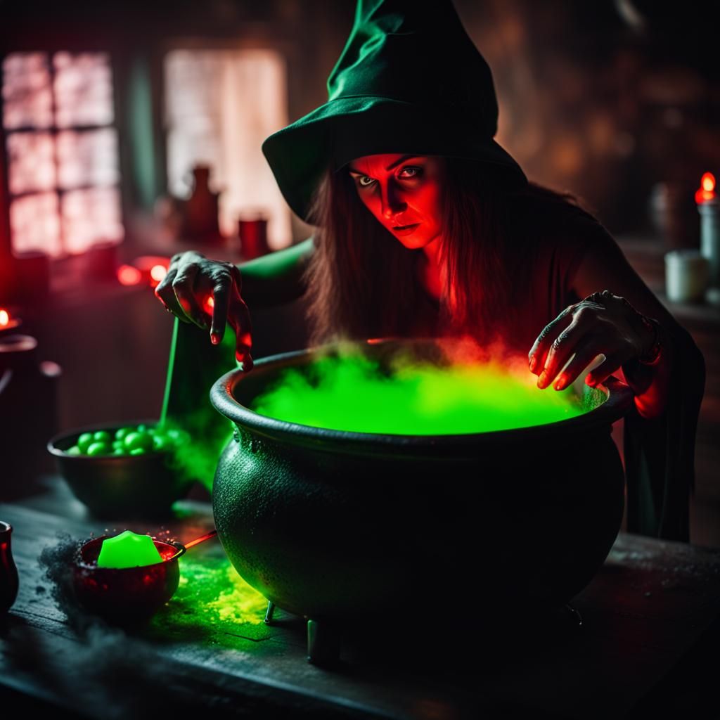 Evil Witch Concocting Toxic Neon Green Spell