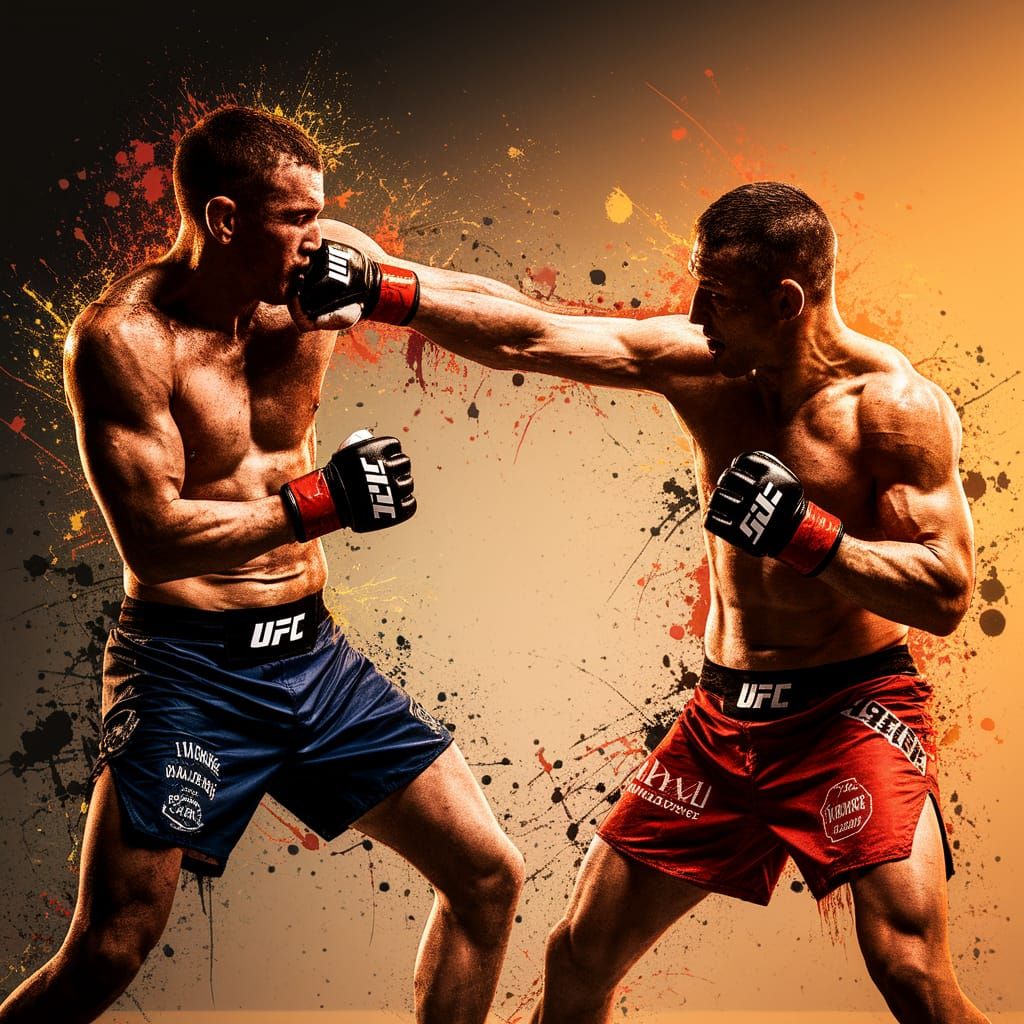 Vibrant MMA Fighters in a Dynamic, Abstract Action Scene