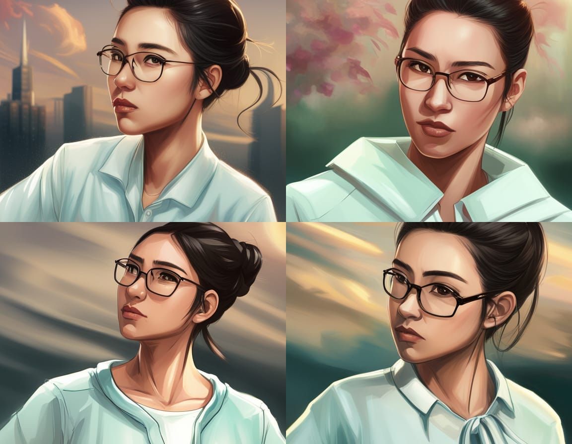 An asian teenage girl wears glasses  with long black hair tied back in a bun and dark eyes stares dramatically  into the...