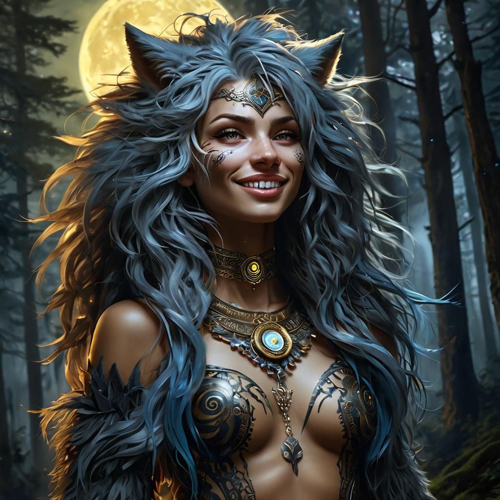 Werewolf Woman Under Full Moon, Digital Painting