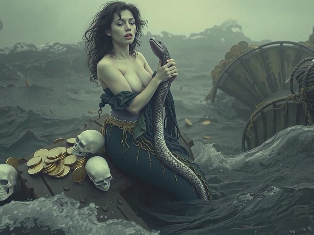 Cinematic Mermaid with Eel in Raging Sea