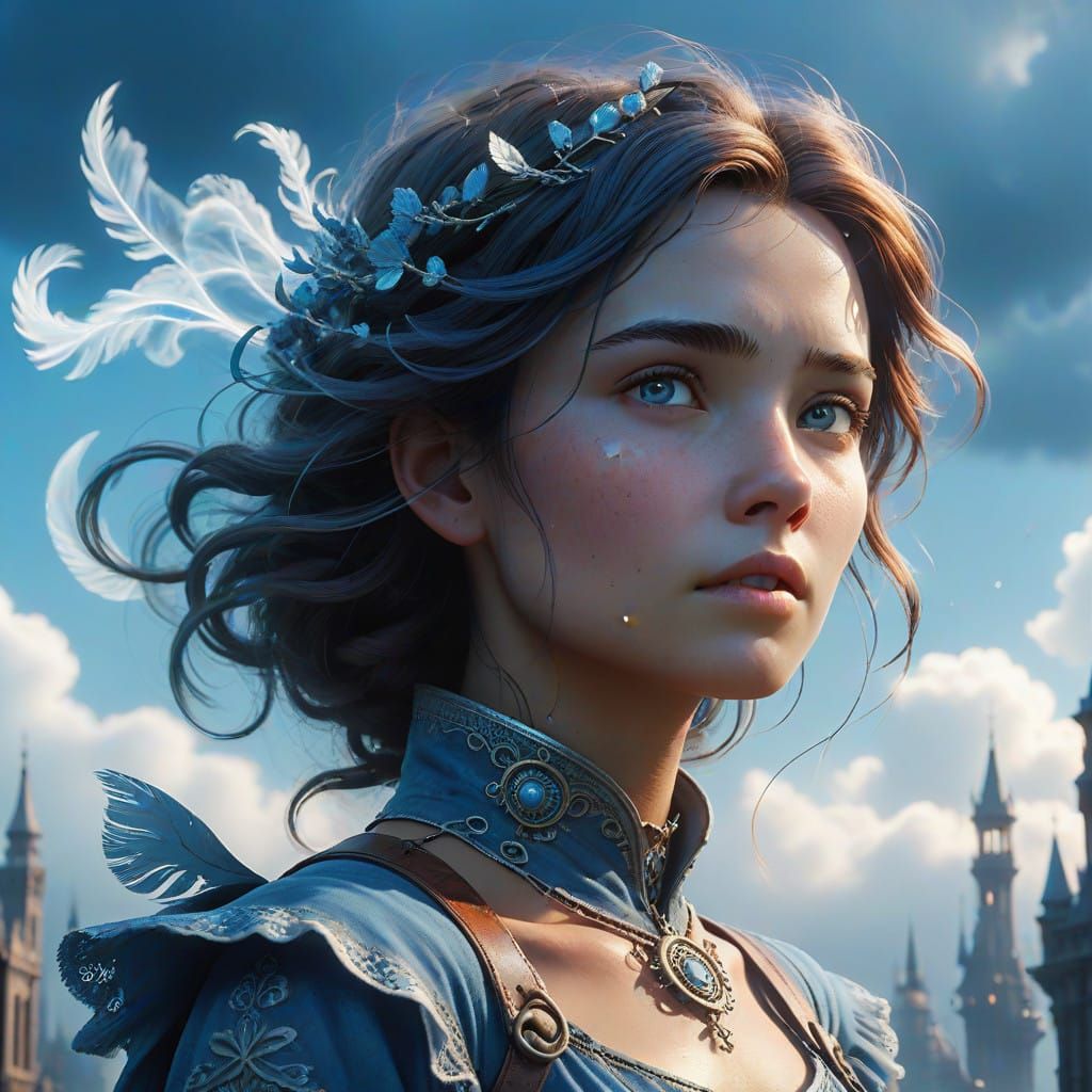 Ethereal Blue Goddess in a Whimsical Cloud City