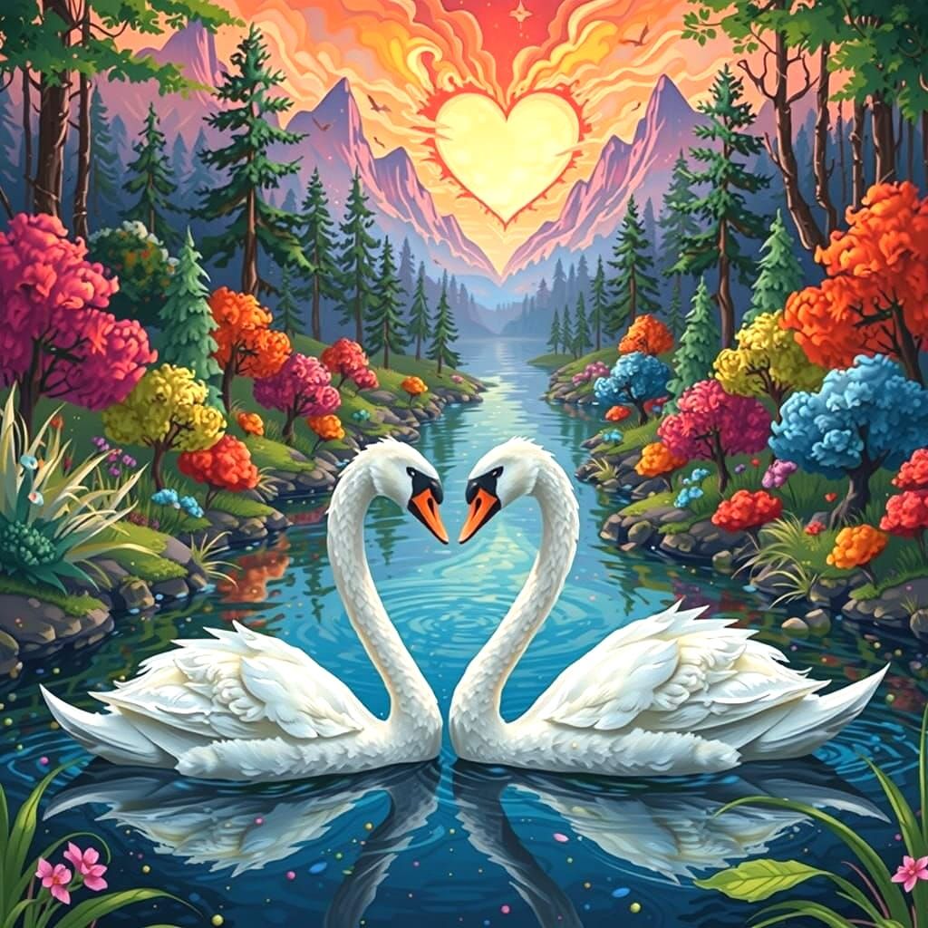 Charming Swans in a Vibrant Whimsical World