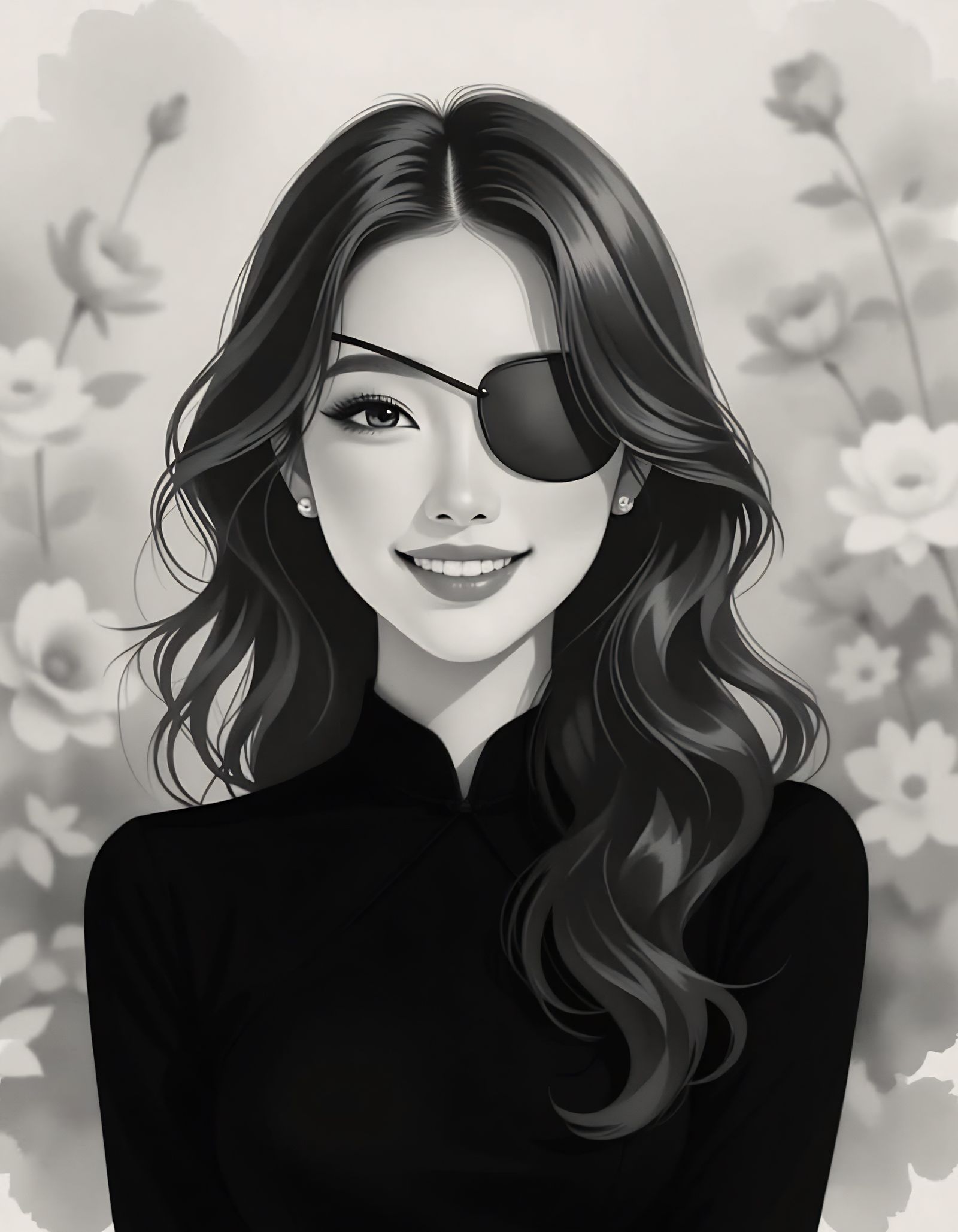 Smiling Asian Woman with Eyepatch in Watercolor Portrait