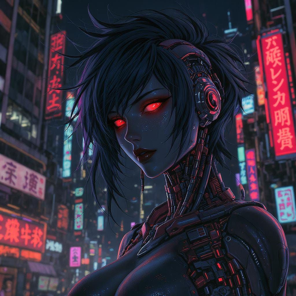 Cyberpunk Android in Neon Cityscape