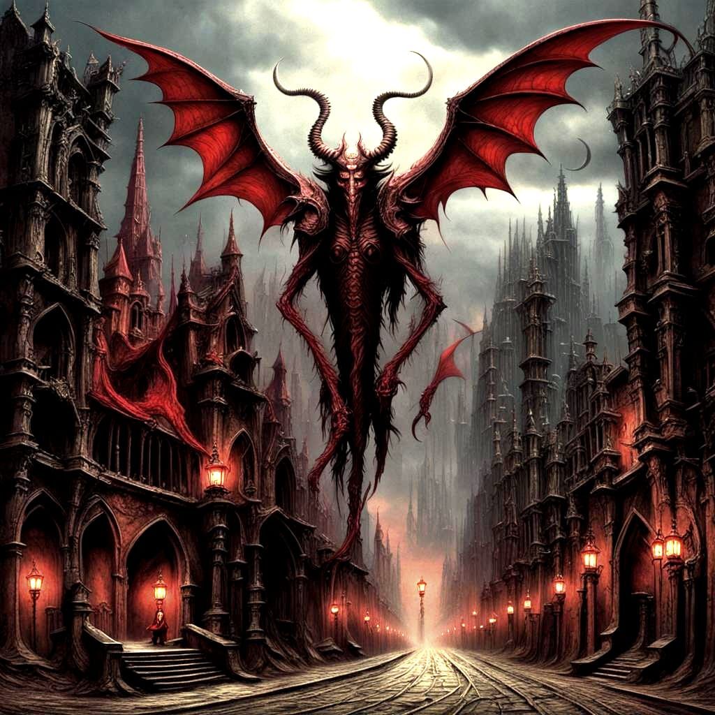 Impish Demon in Dark Fantasy Cityscape