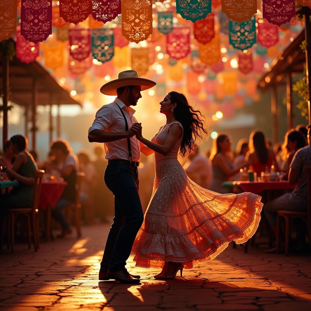 Festive Latino Arcade Scene with Dancing Couple