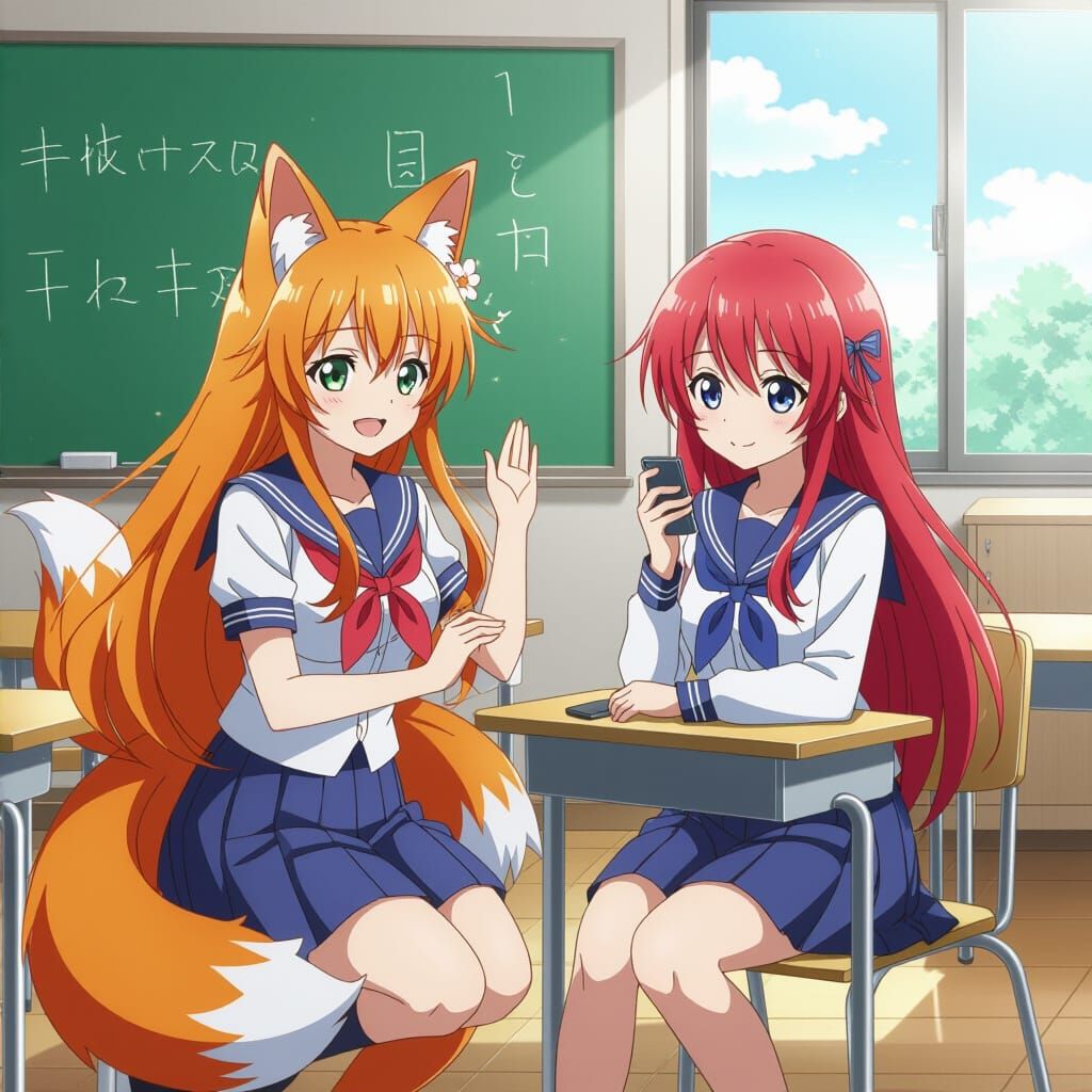 Anime Fox Girl Meets Friend: 3D Anime Art