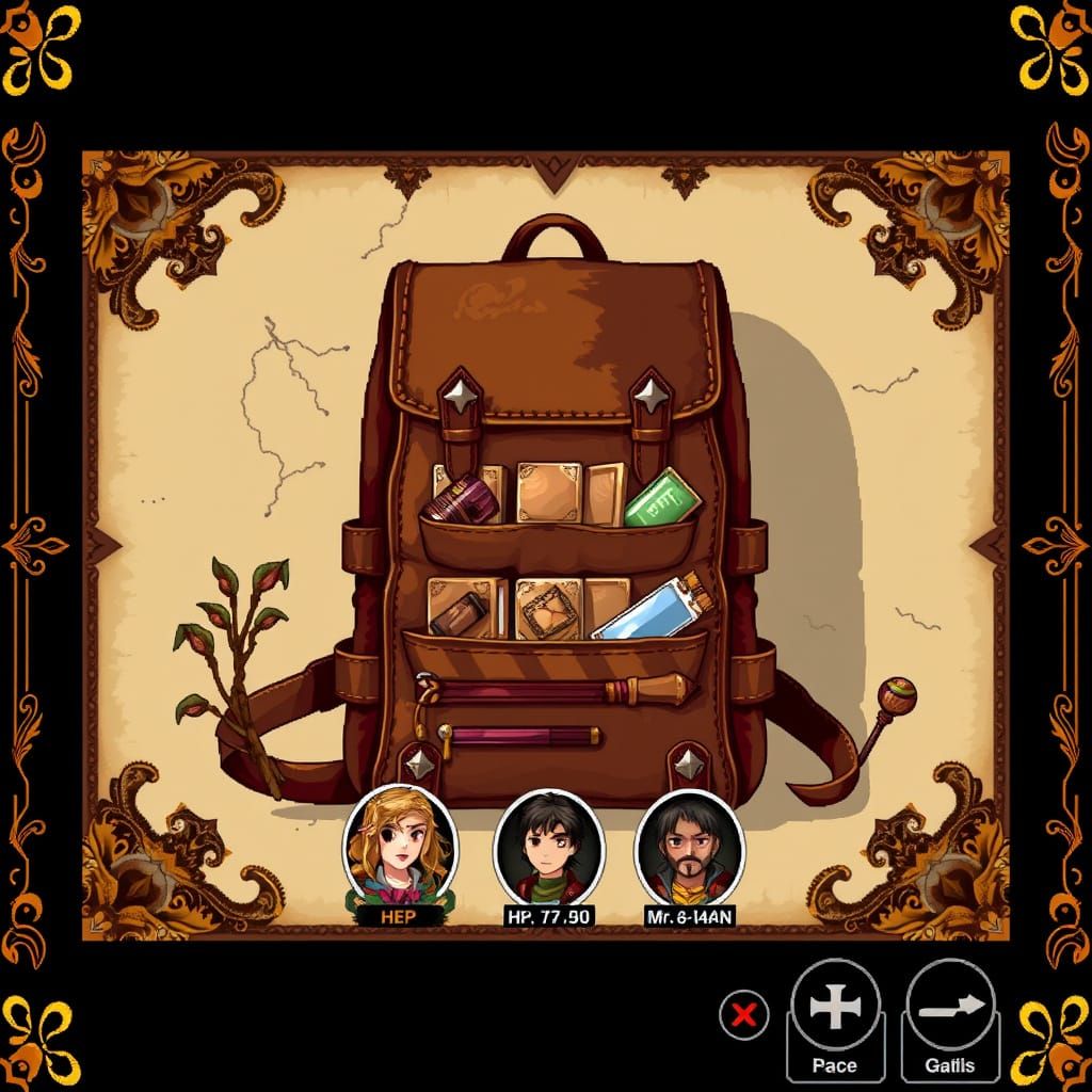 Mythical JRPG Scene with Player Inventory and Portraits
