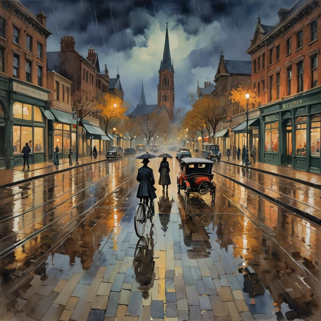 Ballarat in 1902: Rainy Autumn Night Gouache Painting