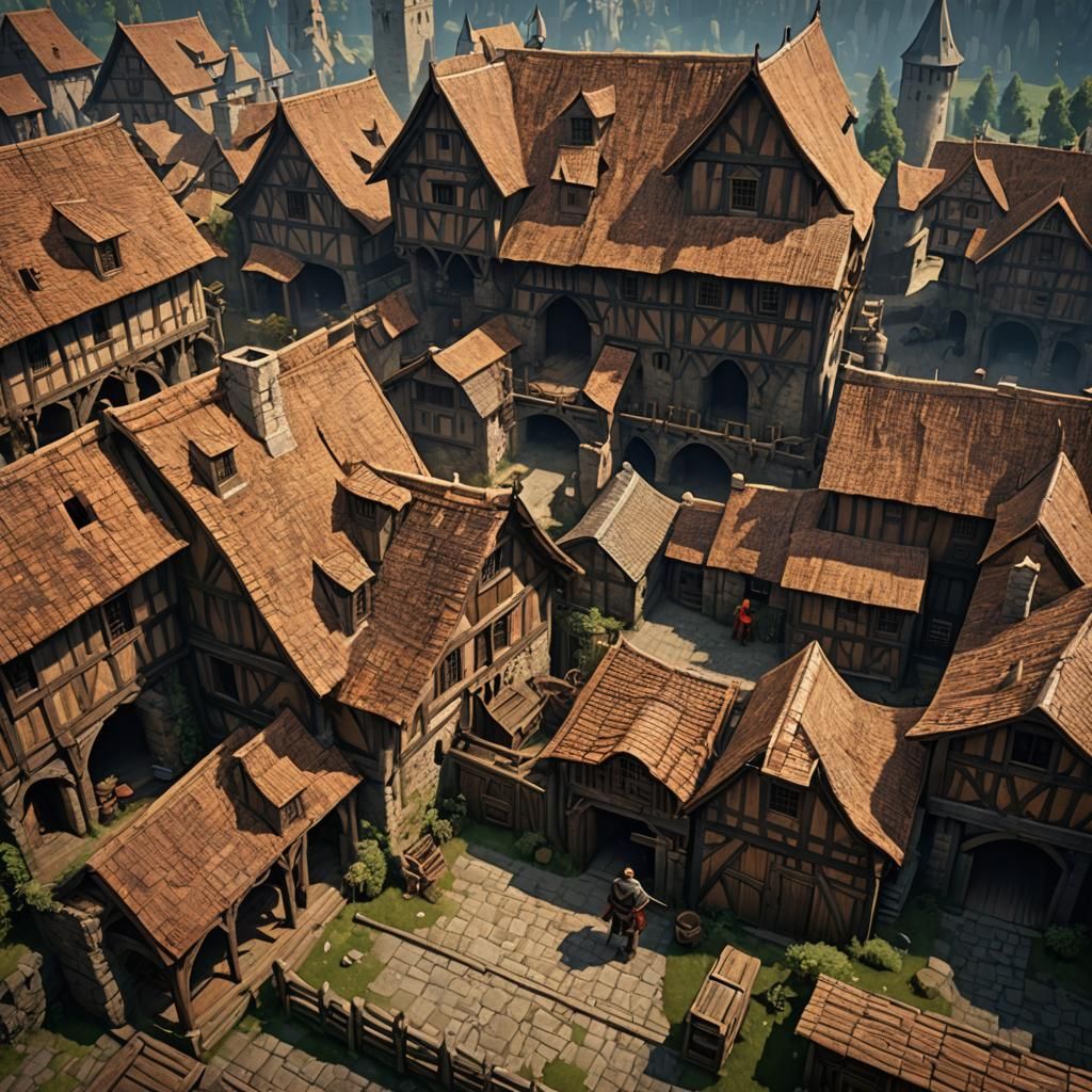 Medieval Peasant Working in Castle Courtyard, Digital Art