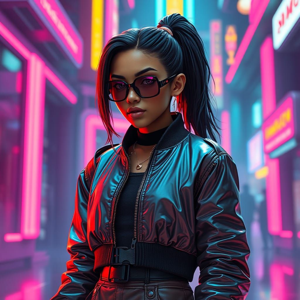 Moroccan Girl in Neon-Lit Cyberpunk Style