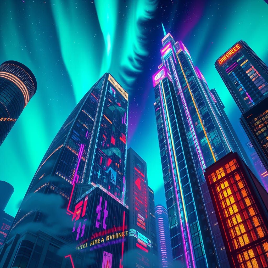 Neon Cityscape Amidst the Awe-Inspiring Aurora Borealis