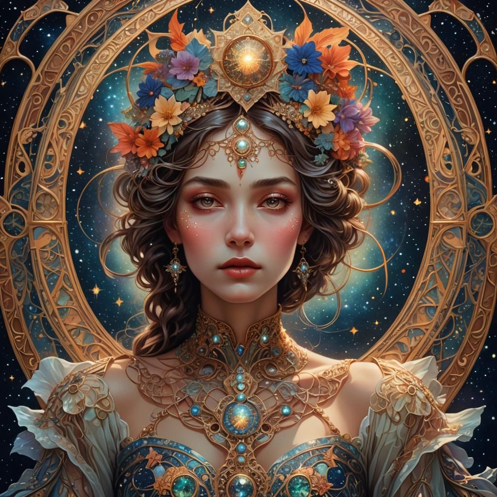 Mysterious Woman in Starry Cosmos, an Art Nouveau Portrait