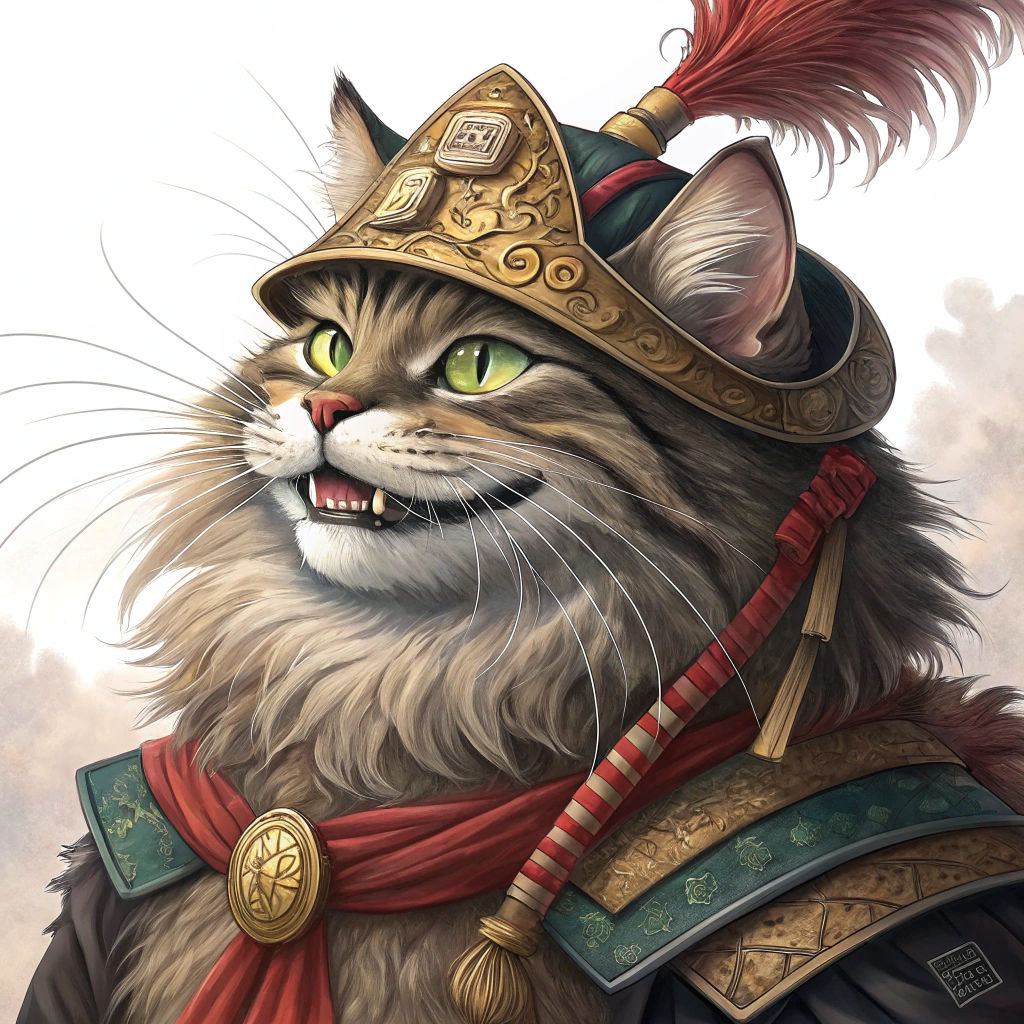 Majestic Feline Samurai with Golden Accents Smiles