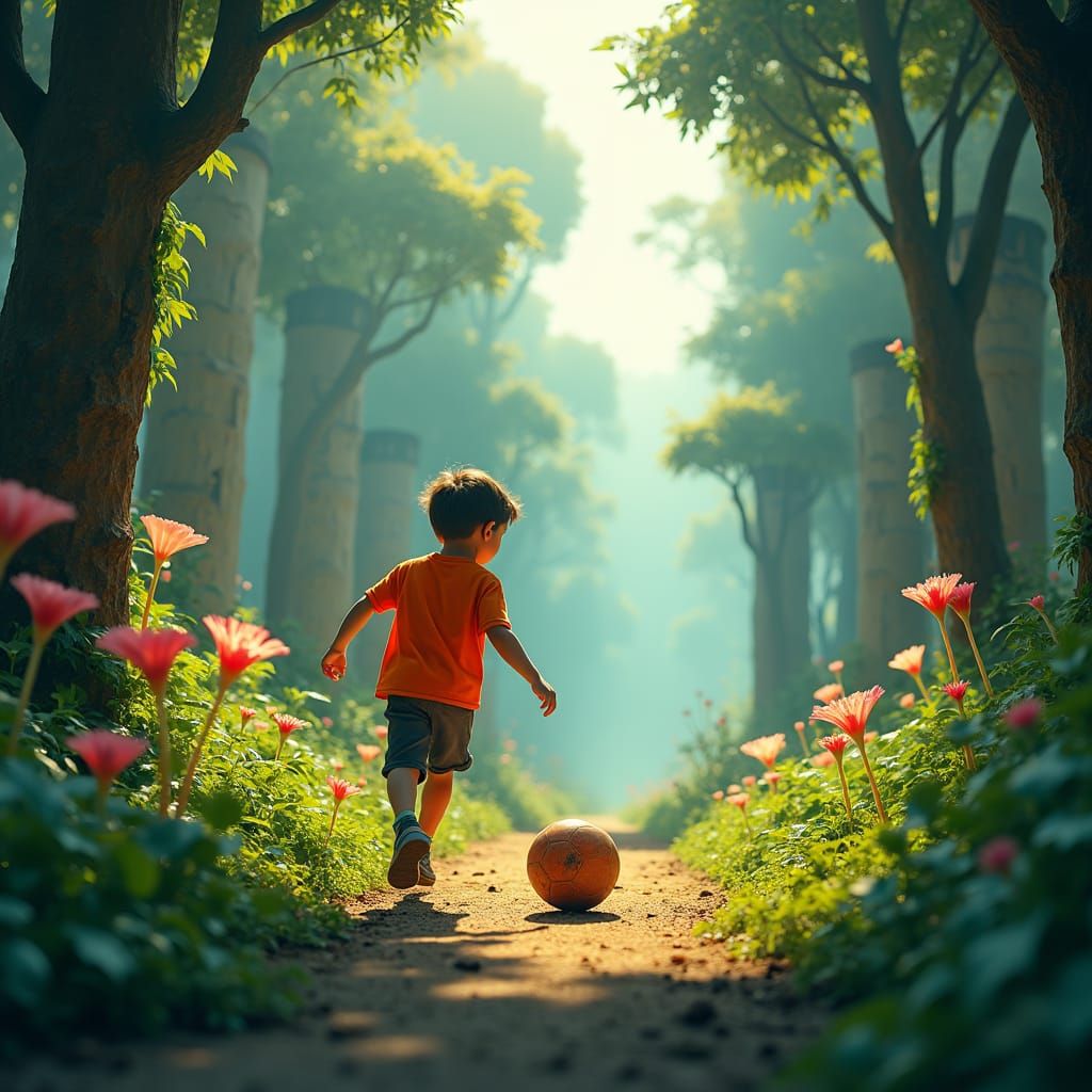Boy Plays Ball in Fantasy Landscape