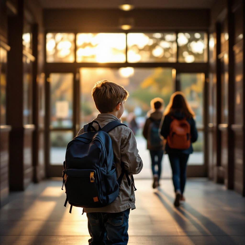 Boy and Friends Arrive at School in Golden Hour Light