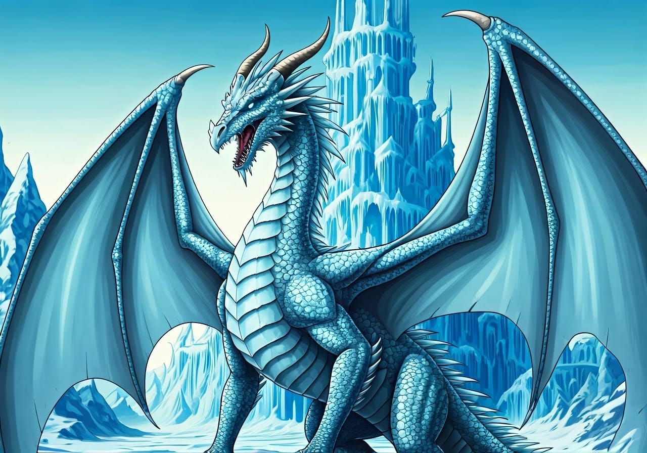 Epic Ice Dragon Defends Majestic Castle