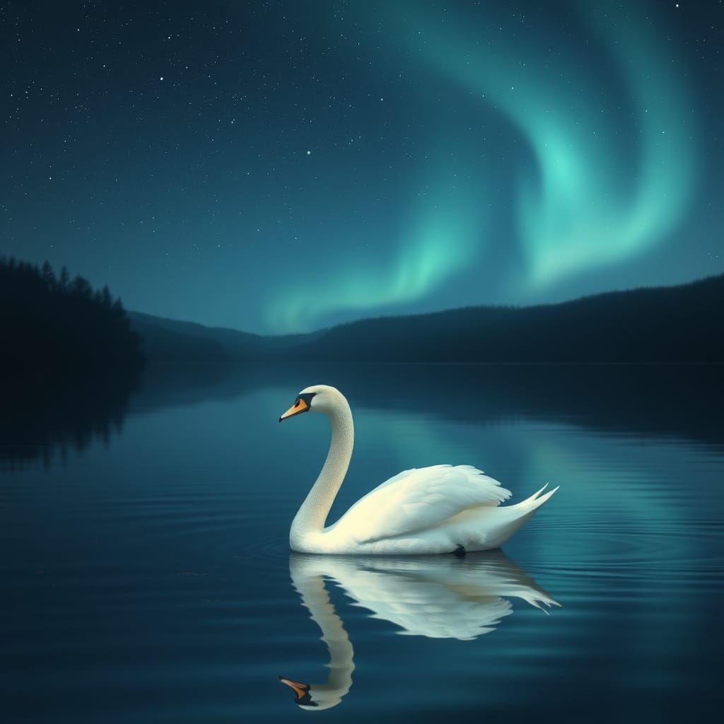 Cinematic lighting. A serene swan gliding on a calm lake ref...