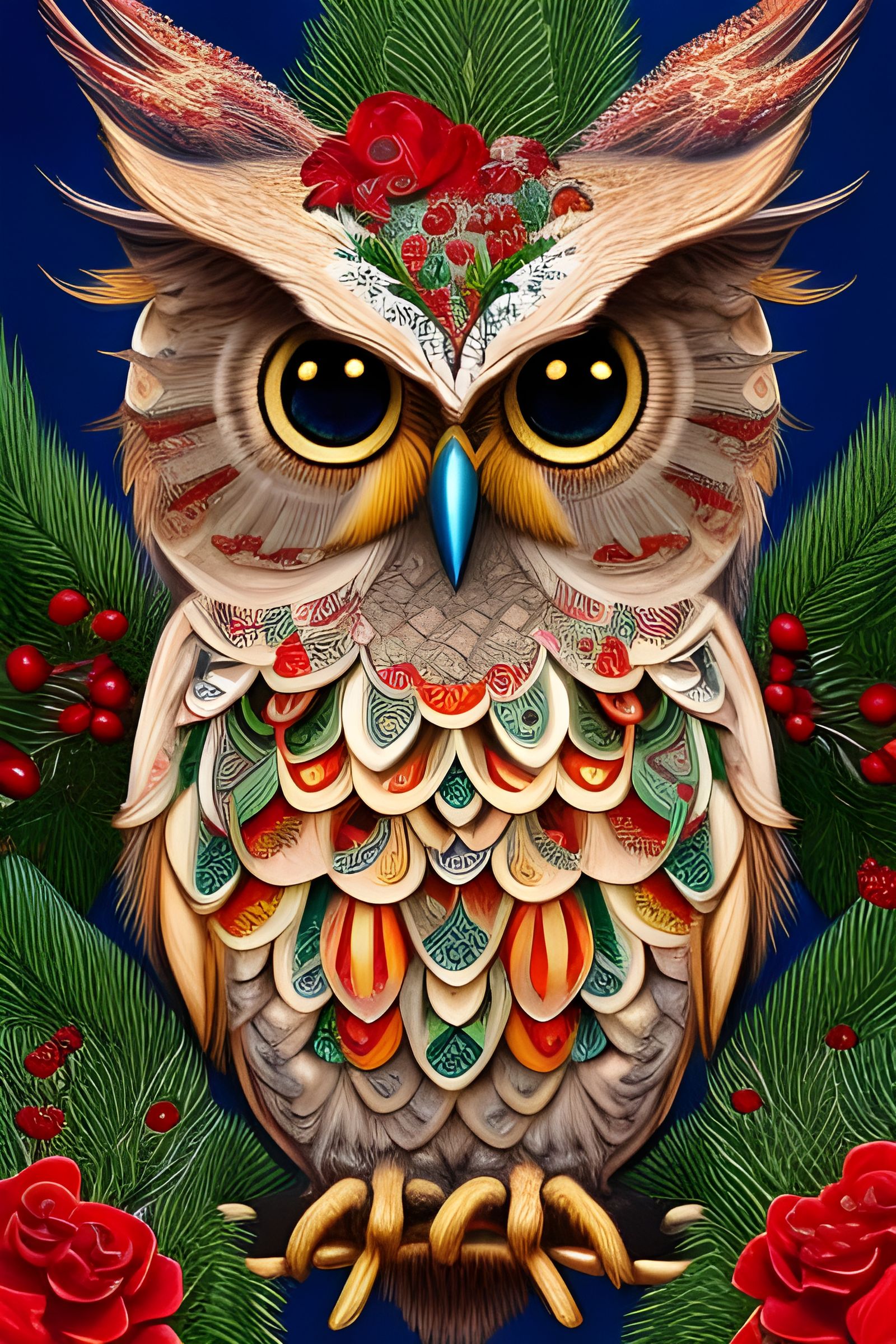 Gorgeous Christmas Owl with Holly, Detailed Fantasy Art