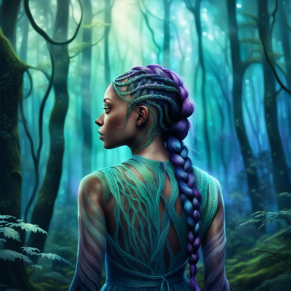 Mystical Forest Woman with Braids: Art Nouveau