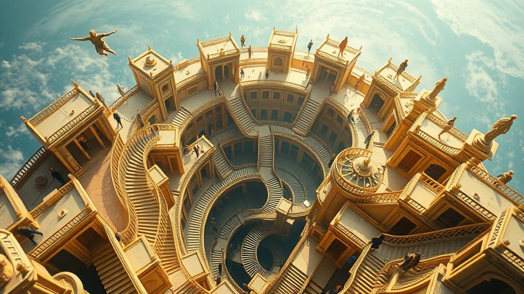 Infinite Escher-Inspired Cityscape Unfolds in Dreamlike Gold