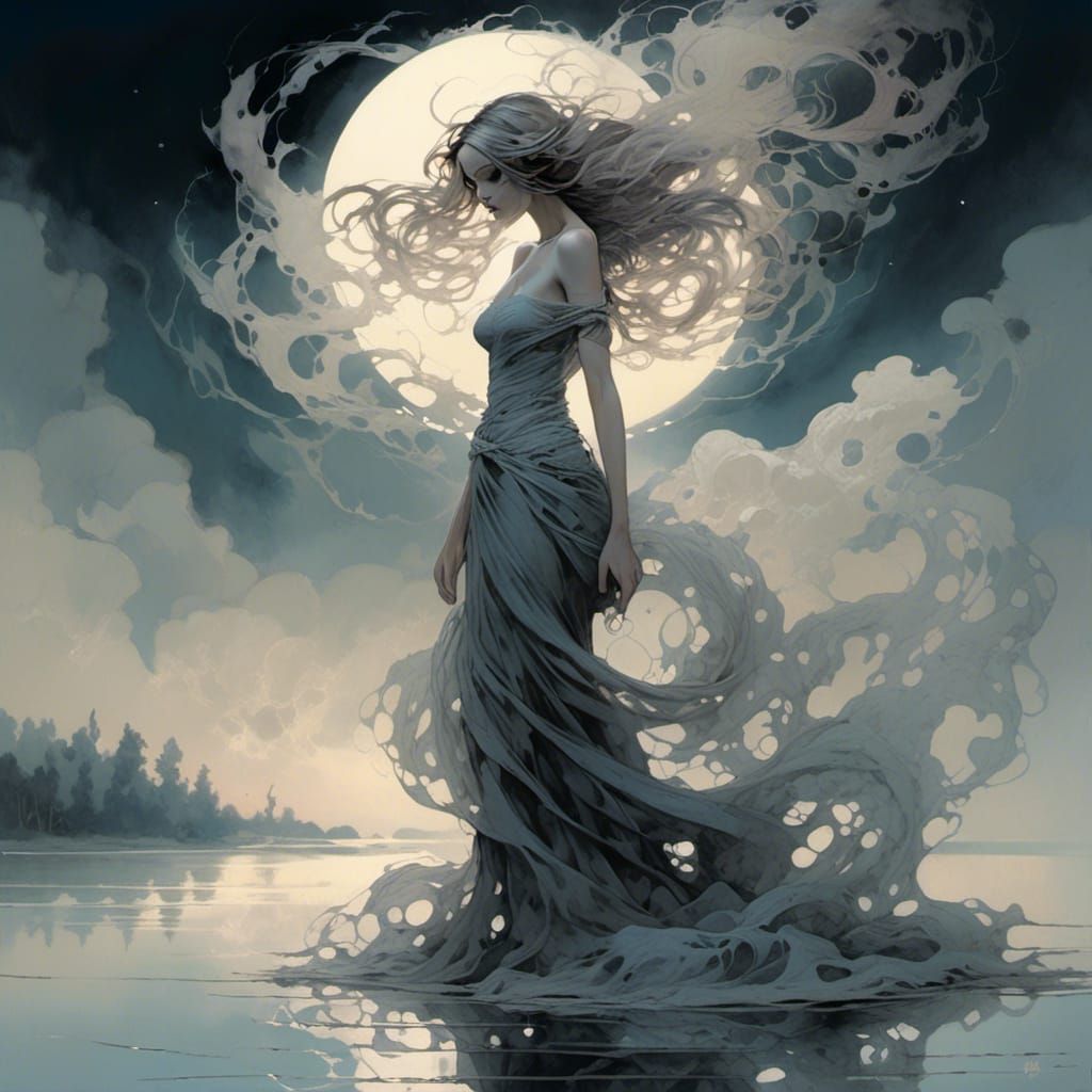 Ghostly, ethereal Woman walking over a moonlit lake