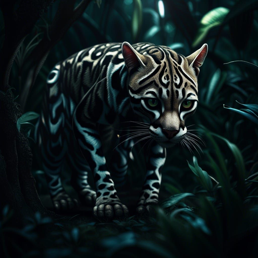 Monster-Ocelot Hybrid Prowling in Dark Jungle